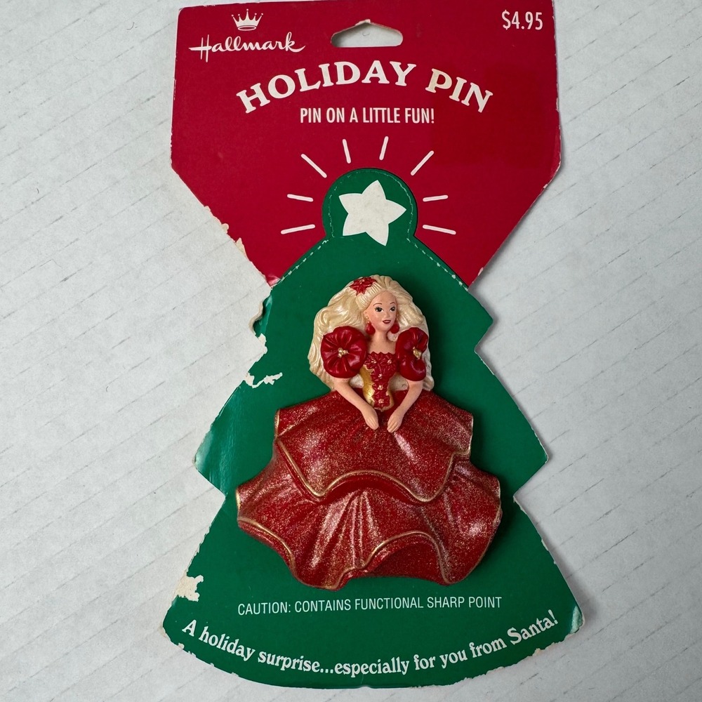 NEW Vintage 1995 Hallmark Barbie Holiday Pin Red Gold dress Gown Christmas